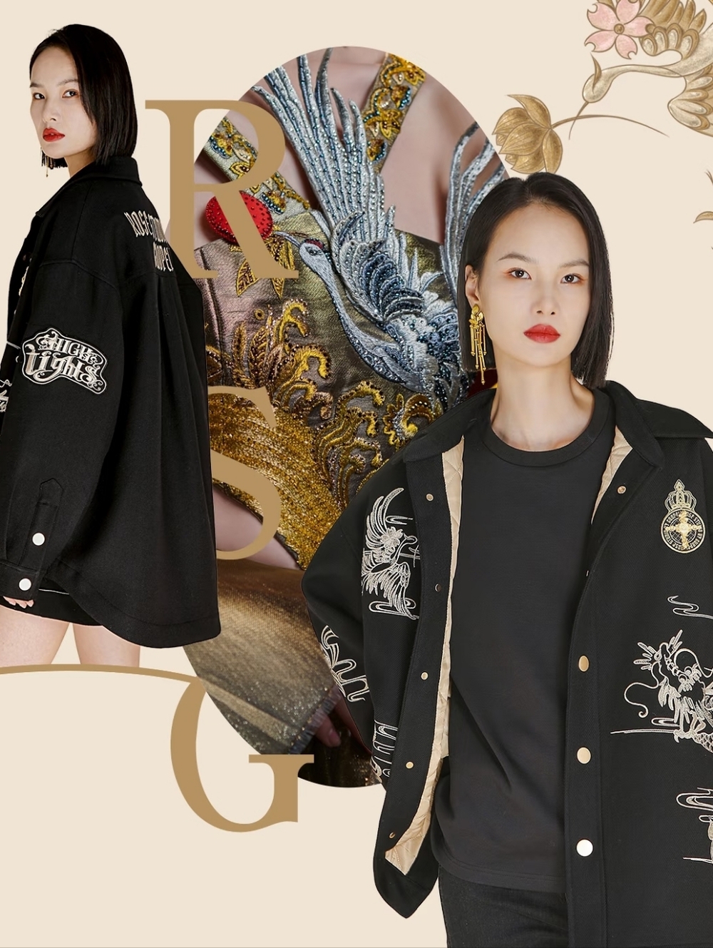 Rose Studio By Guopei-Embroidered Black Jacket with Beige Dragon Motif